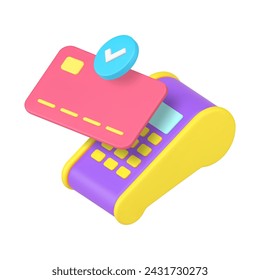 Success credit debit card payment POS terminal e money shopping transfer 3d icon realistic vector illustration. Approved banking digital wireless transaction cashless buying purchase checkout