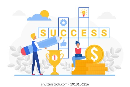 Success crossword vector illustration. Cartoon business people team working next to crossword puzzle with success word, sitting on pile of gold coins with laptop, making money isolated on white