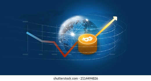 Success in Crypto Currency Investment - Bit Coin Rate Concept with Stats Diagram, Flowing Binary Data Around Earth Globe - Futuristic Dark Blue Design, Vector Illustration