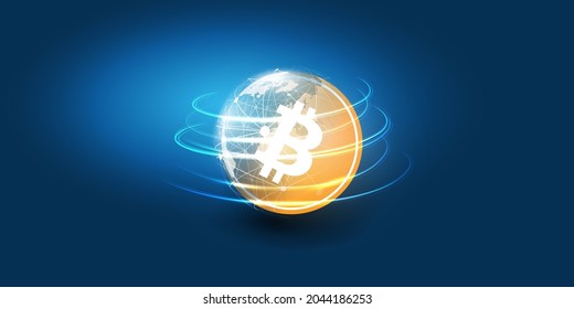 Success in Cryptocurrency Investment - Dark Blue Bit Coin Concept Design, Presentation Template  - Vector Illustration