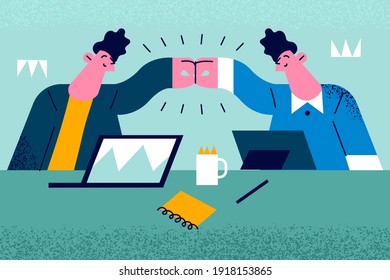 Success, deal, business cooperation concept. Two businessmen sitting making fist bump at working table celebrating winning or business development together in office vector illustration