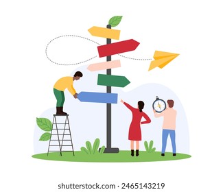 Success decision making, choice of life challenge, professional career path. Tiny people choose direction on street sign with arrows, find solution for goal achievement cartoon vector illustration