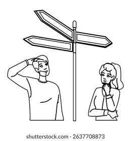 success decision making vector. career path, lost future, question man success decision making character. people black line pencil drawing illustration