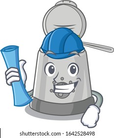 A success of deep fryer Architect having blue prints and blue helmet