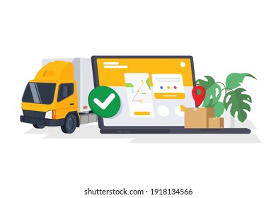 Success Delivery vector illustration. Laptop with open website app for order tracking with map. Fast respond delivery package shipping on mobile. E-store. Isolated on white background