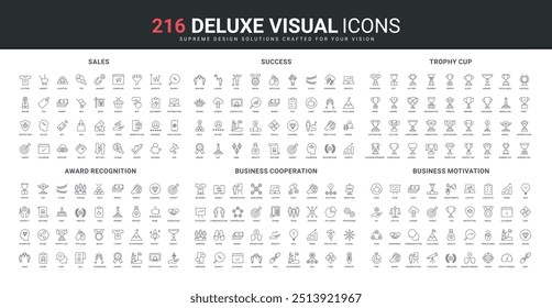 Erfolg und verschiedene Trophäenbecher, geschäftliche Zusammenarbeit, Online-Ziel-Verkaufs-Linie-Icon-Set. Motivation und Strategie für die Karriereplanung, Teamarbeit dünne schwarze Umrisssymbole Vektorgrafik