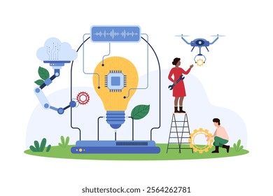 Success of digital project and creative idea, AI assistance in analysis. Tiny people and robot assistant with cloud connection work on study light bulb inside lab equipment cartoon vector illustration