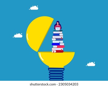 Success in discovering new creative ideas. woman working with laptop computer on stack of books in light bulb
