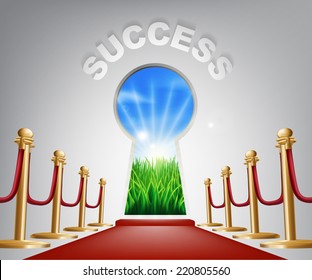 Success Door Keyhole. Concept of a keyhole with a new dawn over verdant landscape and red carpet and ropes leading up to it.