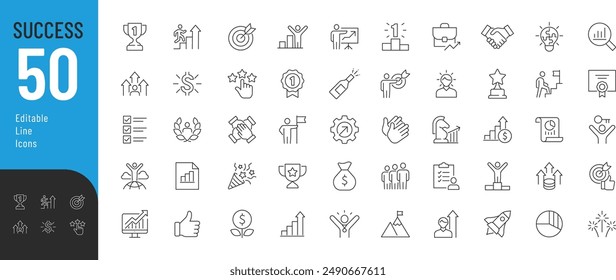 Die bearbeitbaren Symbole wurden erfolgreich festgelegt. Vektorillustration im modernen Thin Line Style von unternehmensbezogenen Icons: persönliches, professionelles und finanzielles Wachstum, Fortschritt, Leistung. Piktogramme und Infografiken