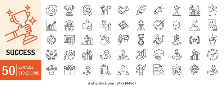 Success editable stroke outline web icons set. Success, achievement, successful, strategy, winner, teamwork, goal, brainstorm, challenge and task. Vector illustration