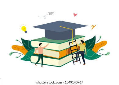 Success education, academy, knowledge. With small learner, graduation hat on pile of books concept vector flat illustration, suitable for background, advertising illustration