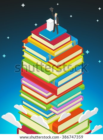 Success Education concept. Bbooks stack and student with graduate cap and diploma on top. Steps to knowledge in university and college classes. Isometric vector illustration.