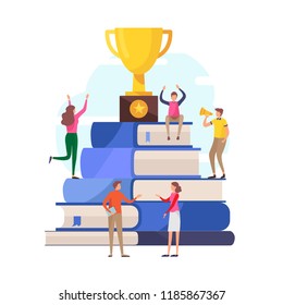Success education concept. winner,reward,competition,knowledge, skills.Flat cartoon miniature  illustration vector graphic on white background.