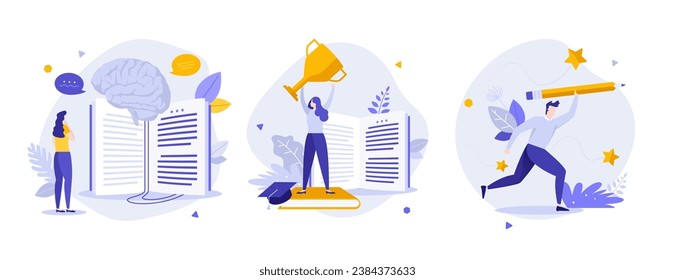 Success in education flat concept vector illustrations set. Achievement in cognition and development cartoon composition. Effective studying strategy idea for website, mobile, presentation