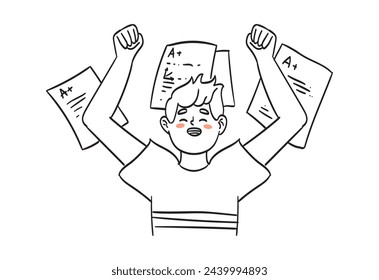 Éxito en el concepto de educación y aprendizaje. El alumno del niño sonriente se sostiene en las manos examen educativo con excelente resultado o calificaciones. Escolar feliz y alegre. Ilustración vectorial.