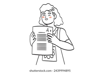 Success in education and learning concept. Smiling girl pupil stand holding in hands educational exam test with excellent result or grades. Schoolgirl feeling happy and cheerful. Vector illustration