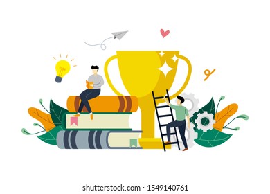 Success education, reward, winner, competition. With small learner on pile of books concept vector flat illustration, suitable for background, landing page, advertising illustration