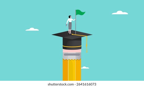 success education, strategy to achieve higher education, effort to graduate high degree education, success woman climbs the top of the pencil with a graduation hat while carrying a victory flag