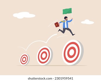 Success employee concept. Career growth development, achievement, job improvement or promotion, appreciation or praise. Happy businessman holding winner flag jumping up target.