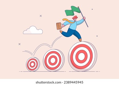 Success employee concept. Career growth development, achievement, job improvement or promotion, appreciation or praise. Happy businessman holding winner flag jumping up target.