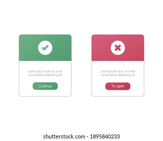 Success, error banners with buttons. Colored flat vector illustration. Isolated on black background. 