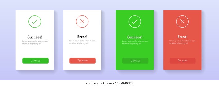 Success and Error info message abstract ui banners. Web tab template for Aproved and Rejected, Yes and No, Accepted and Denied tab vector design. Continue and Try again buttons.