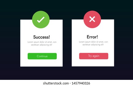 Success and Error info message abstract ui banners. Web tab template for Aproved and Rejected, Yes and No, Accepted and Denied tab vector design. Continue and Try again buttons.