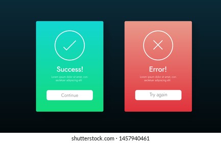 Success and Error info message abstract ui banners. Web tab template for Aproved and Rejected, Yes and No, Accepted and Denied tab vector design. Continue and Try again buttons.