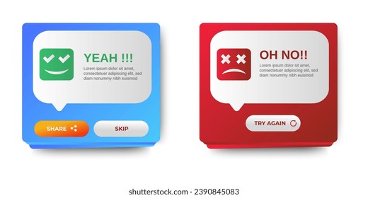 Success and error message popup window ui design with button for mobile and web. Vector EPS 10