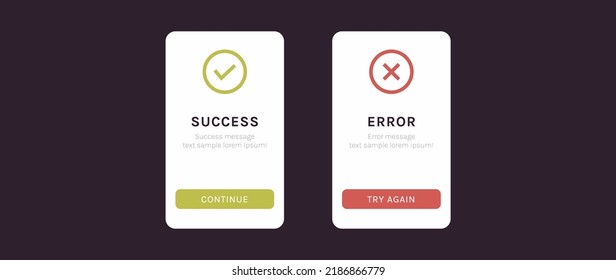 Success and error message ui screen and approved and rejected ux web elements flat vector illustration.