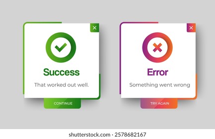 Success and Error Pop-up Message Full Editable template design. Minimalist Popup Design for Error Messages and Task Completion Screens with Action Buttons. vector
