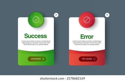 Success and Error Pop-up Message Full Editable template design. Minimalist Popup Design for Error Messages and Task Completion Screens with Action Buttons. vector
