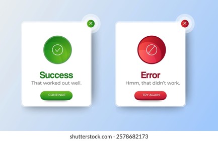 Success and Error Pop-up Message Full Editable template design. Minimalist Popup Design for Error Messages and Task Completion Screens with Action Buttons. vector
