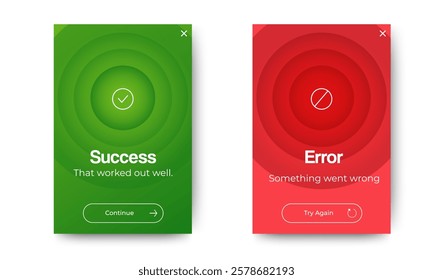 Success and Error Pop-up Message Full Editable template design. Minimalist Popup Design for Error Messages and Task Completion Screens with Action Buttons. vector
