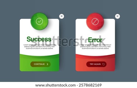 Success and Error Pop-up Message Full Editable template design. Minimalist Popup Design for Error Messages and Task Completion Screens with Action Buttons. vector
