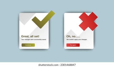 Diseño de notificaciones emergentes exitoso y fallido para sitio web, móvil o aplicación. vector