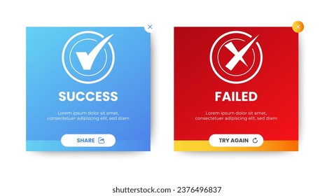 Success and Failed pop up notification icon. flash message. popup window ui design with button for mobile and web. Vector

