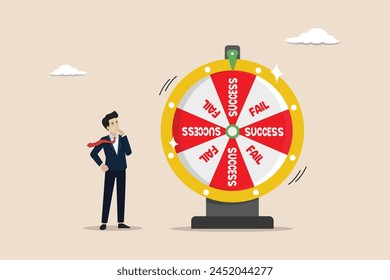 Success or failure, challenge to win opportunity, luck or fortune, winner or loser concept, businessman looking fortune wheel of success and fail.