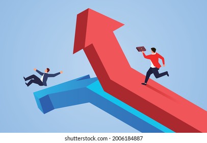 Success and failure, one businessman runs up following the red arrow and another businessman falls down the blue arrow