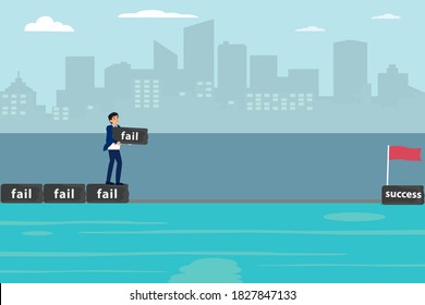 Success and failure vector concept: Businessman arrange his fail to be the way toward success flag on the sea