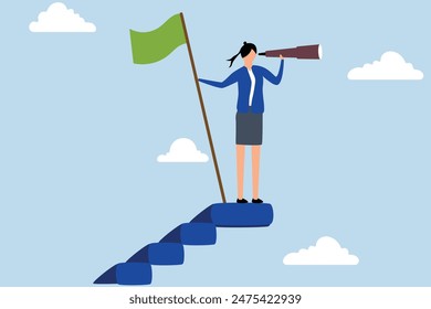 Success fearless female entrepreneur, successful businesswoman at top of  career ladder holding winning flag and looking for a future visionary.