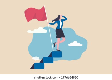 Success fearless female entrepreneur, woman leadership or challenge and achievement concept, success businesswoman on top of career staircase holding winning flag looking for future visionary.
