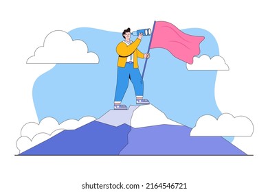 Success fearless female entrepreneur, woman leadership or challenge and achievement concepts. Businesswoman on top mountain holds a winning flag and binoculars, looking for a future visionary.