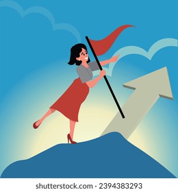 Success fearless female entrepreneur, woman leadership or challenge and achievement concept, success businesswoman on top of career staircase holding winning flag looking for future visionary.