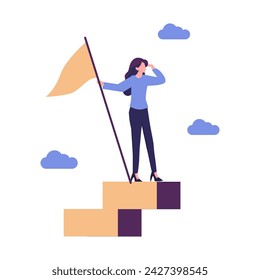 Success fearless female entrepreneur, woman leadership or challenge and achievement concept, success businesswoman on top of career staircase holding winning flag looking for future visionary.