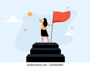 Success female entrepreneur, woman leadership or challenge and achievement concept, success businesswoman on top of career staircase holding winning flag looking for future visionary.