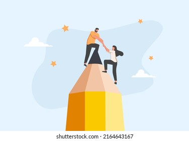 Success female entrepreneur, woman leadership or challenge and achievement concept. Creative teamwork in business vector concept. Creativity team cooperation, pencil symbol. Eps10 illustration.