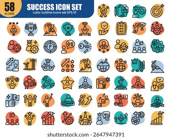 Success filled outline icons set. Successful business development icon collection. Containing achievement, successful, strategy, winner, teamwork, goal, brainstorm. Editable stroke