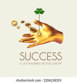 Success and finance luck concept with realistic gold hand, coins and shamrock (symbol of luck). Win, achieve, bank offer, bonus, sale, making money and so on design template